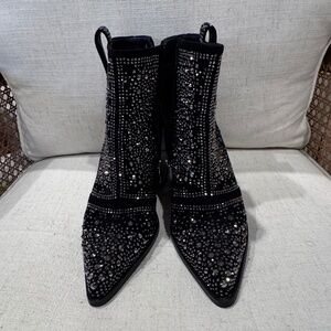 ISNOM Rhinestone Cowboy Boots Sparkly Ankle Boots with Pointed Toe and Chunky He